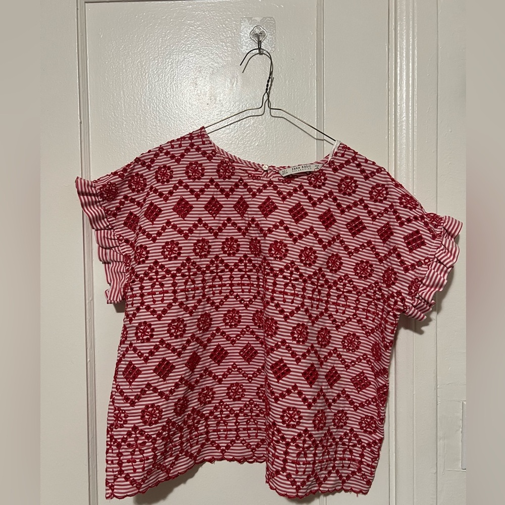 Zara red white striped eyelet crop top blouse Large